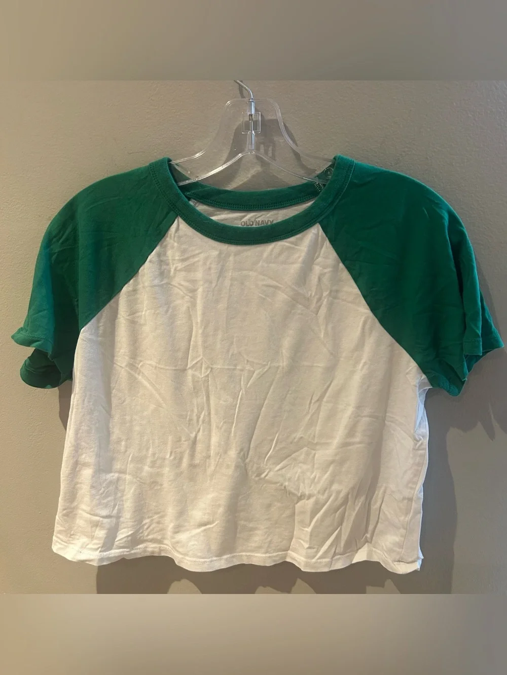 Old Navy White Tee with Green Raglan Sleeves